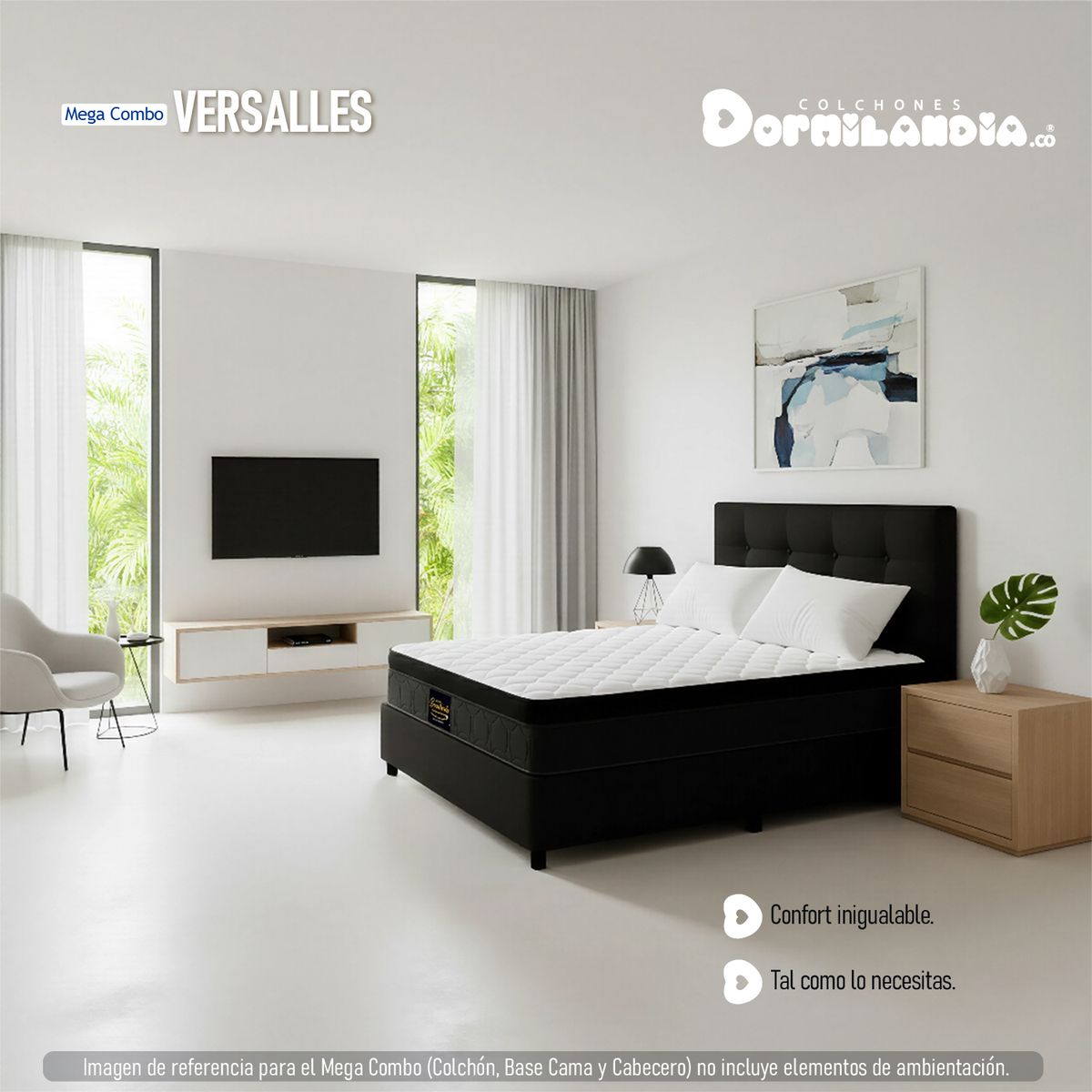 DORMILANDIA - Mega Combo Colchón Versalles King Resortado Más Base Cama, Cabecero y 2 Almohadas
