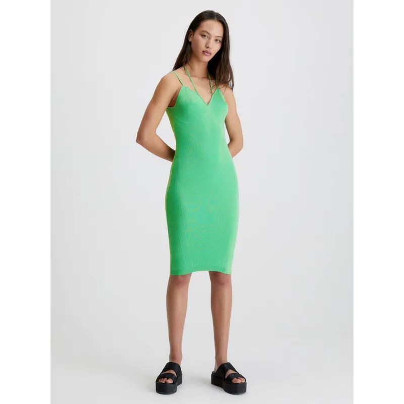 CALVIN KLEIN - Vestido Anudado Al Cuello De Algodón Orgánico Mujer Verde Calvin Klein