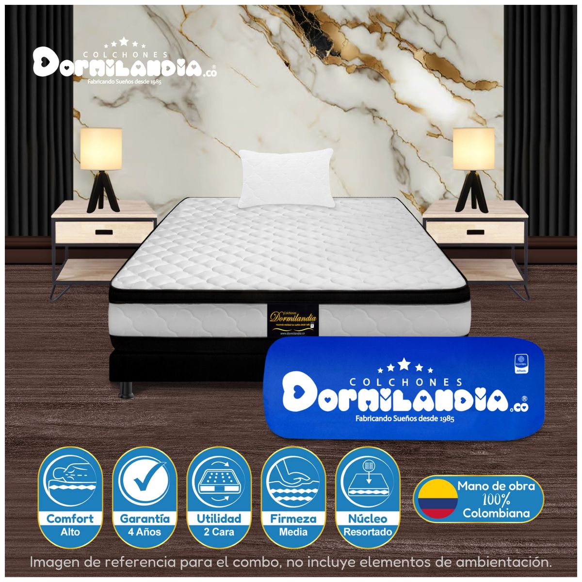 DORMILANDIA - Colchón Sencillo Resortado Atenas Enrollado + Base Cama + Almohadas