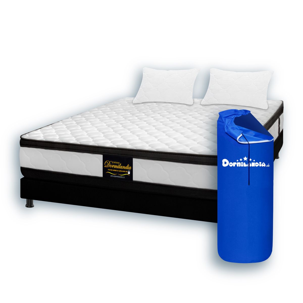 DORMILANDIA - Colchón Doble Resortado Atenas Enrollado + Base Cama + Almohadas