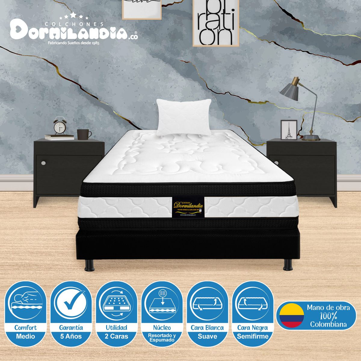DORMILANDIA - Combo Colchón 100X 190 Sencillo Resortado Híbrido - Base Cama Entera - Almohada