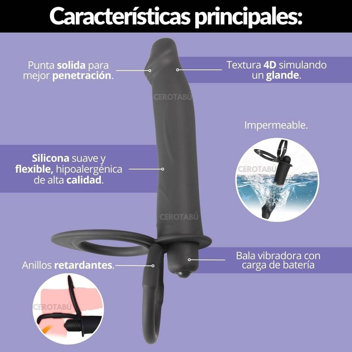 GENERICO - Anillo Con Extensión Dildo Vibrador Doble Penetración Twocock Negro