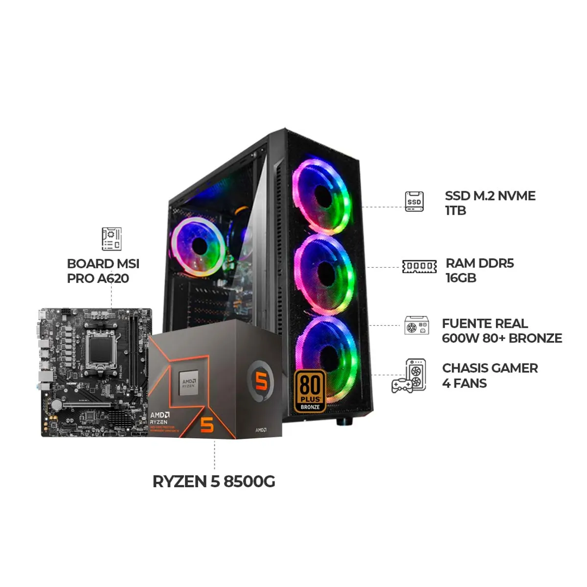 AMD - COMPUTADOR GAMER RYZEN 5 8500G+ RAM 16GB DDR5+ SSD 1TB+ 600W 80+BRZ+ CHASIS RGB