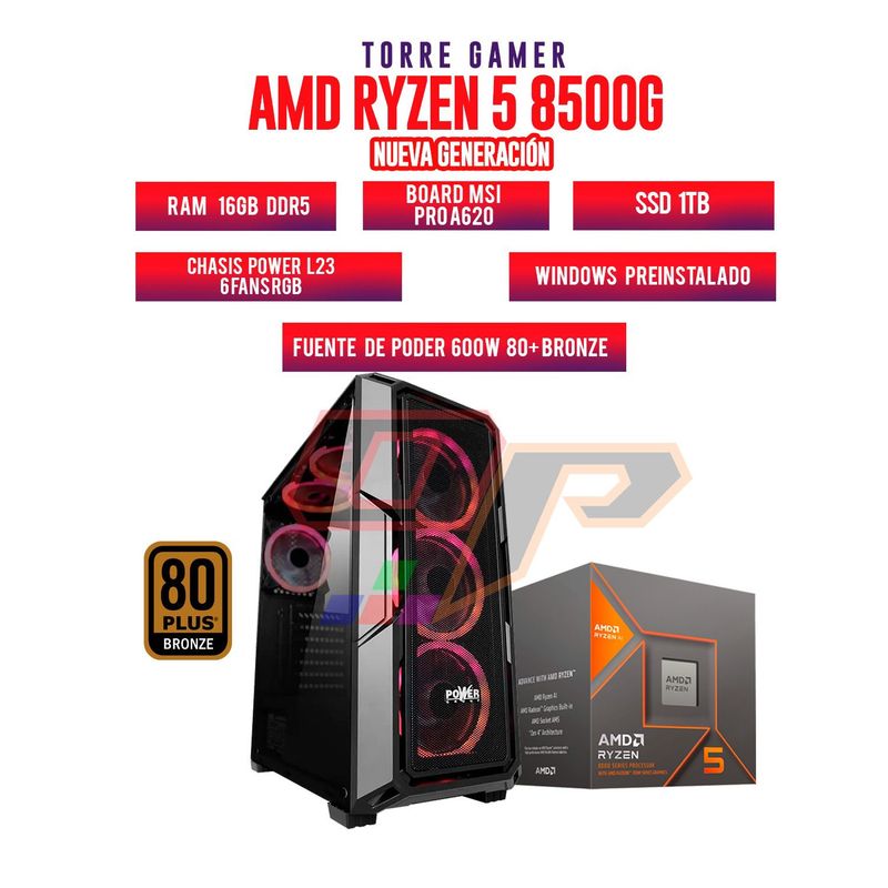 AMD - TORRE GAMER RYZEN 5 8500G/ 16GB RAM 1TB SSD/ A620 /CHASIS 4 FANS /600W 80+BRONCE