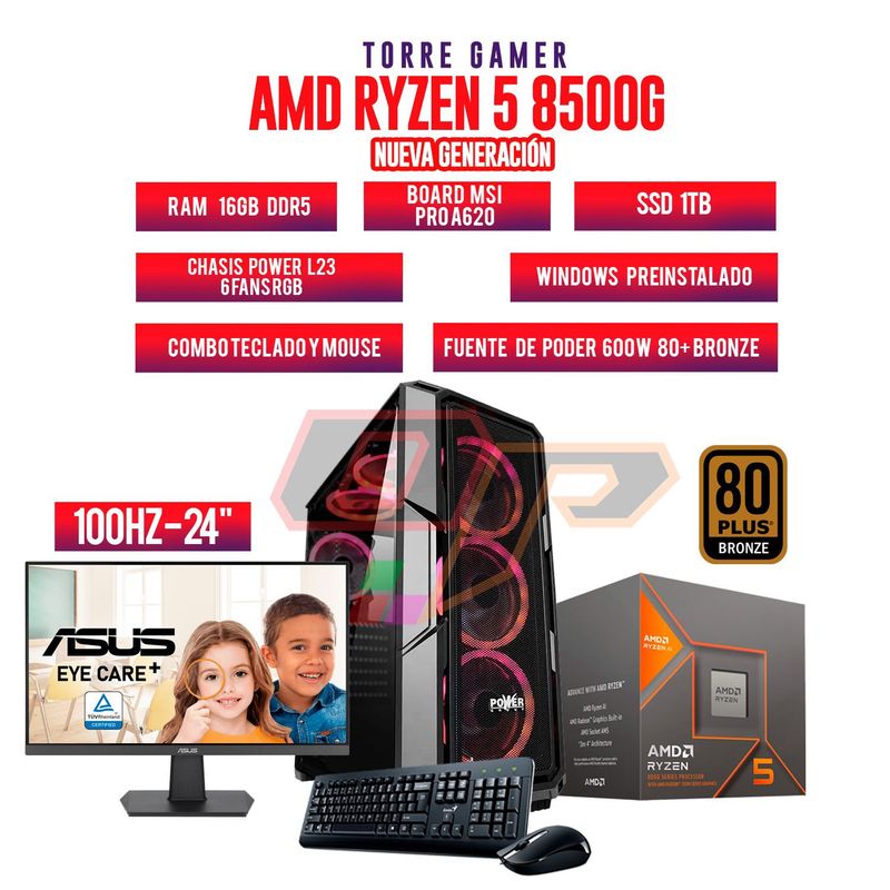 AMD - TORRE GAMER RYZEN 5 8500G/ 16GB RAM 1TB SSD/ A620/CHASIS 4FAN/ MONITOR 24" 100HZ