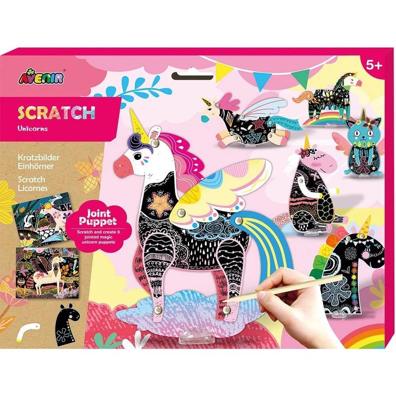 JUGANDO Y EDUCANDO - Set De Arte Para Raspar Marionetas Unicornios Niñas
