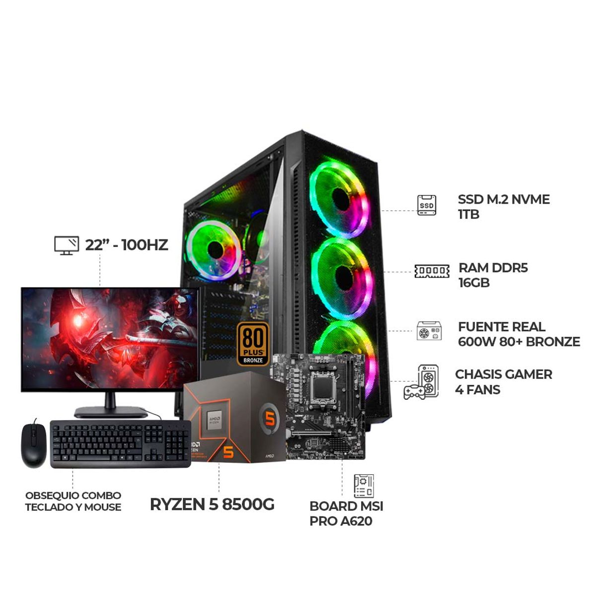AMD - COMPUTADOR GAMER RYZEN 5 8500G+ MONITOR 22" FHD+ RAM 16GB+ SSD 1TB+ 600W 80+BRZ