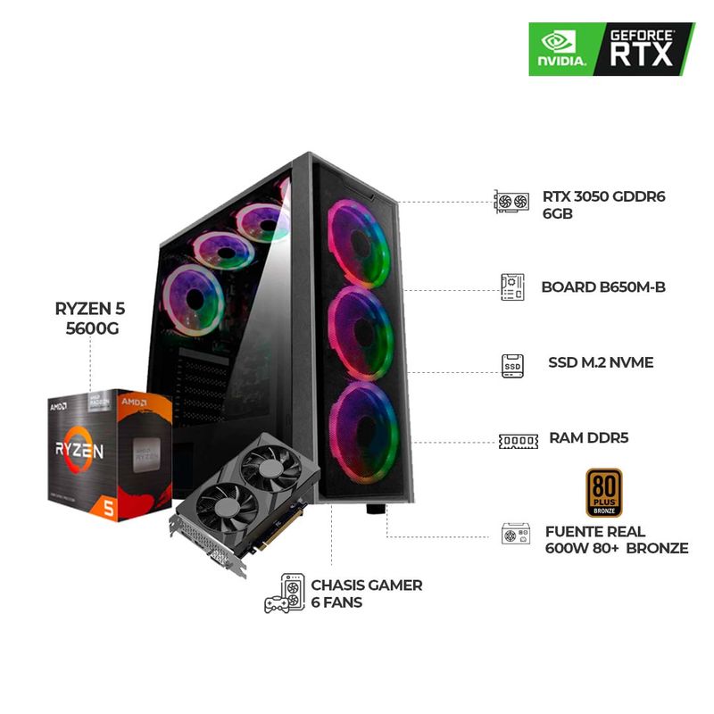 AMD - TORRE GAMER RYZEN 5 5600G/16GB RAM/ 1TB SSD/BOARD B550 /CHASIS 6 FANS/ RTX3050