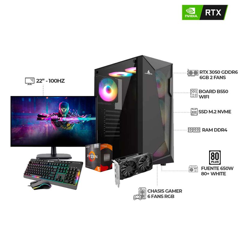 AMD - COMPUTADOR GAMER R5 5600GT+ RTX3050+ MONITOR 22+ RAM 16GB+ SSD 1TB+ B550 WIFI