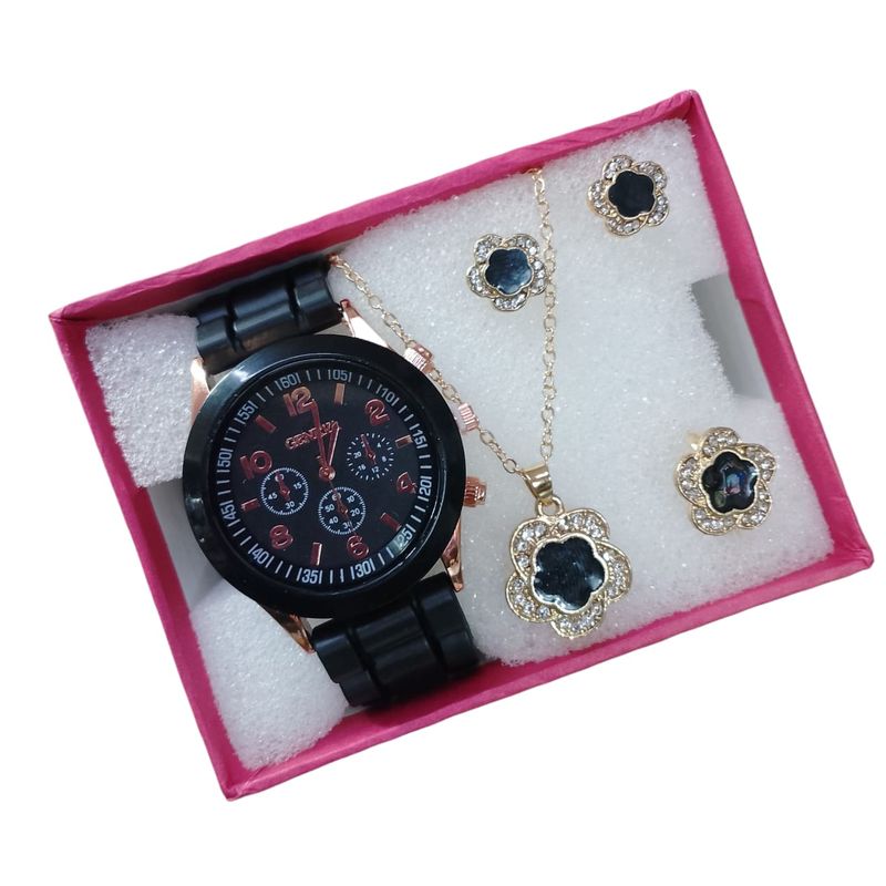 VANIDADES COLLECTIONS - Kit Reloj Flor Para Mujer + Accesorios Neg