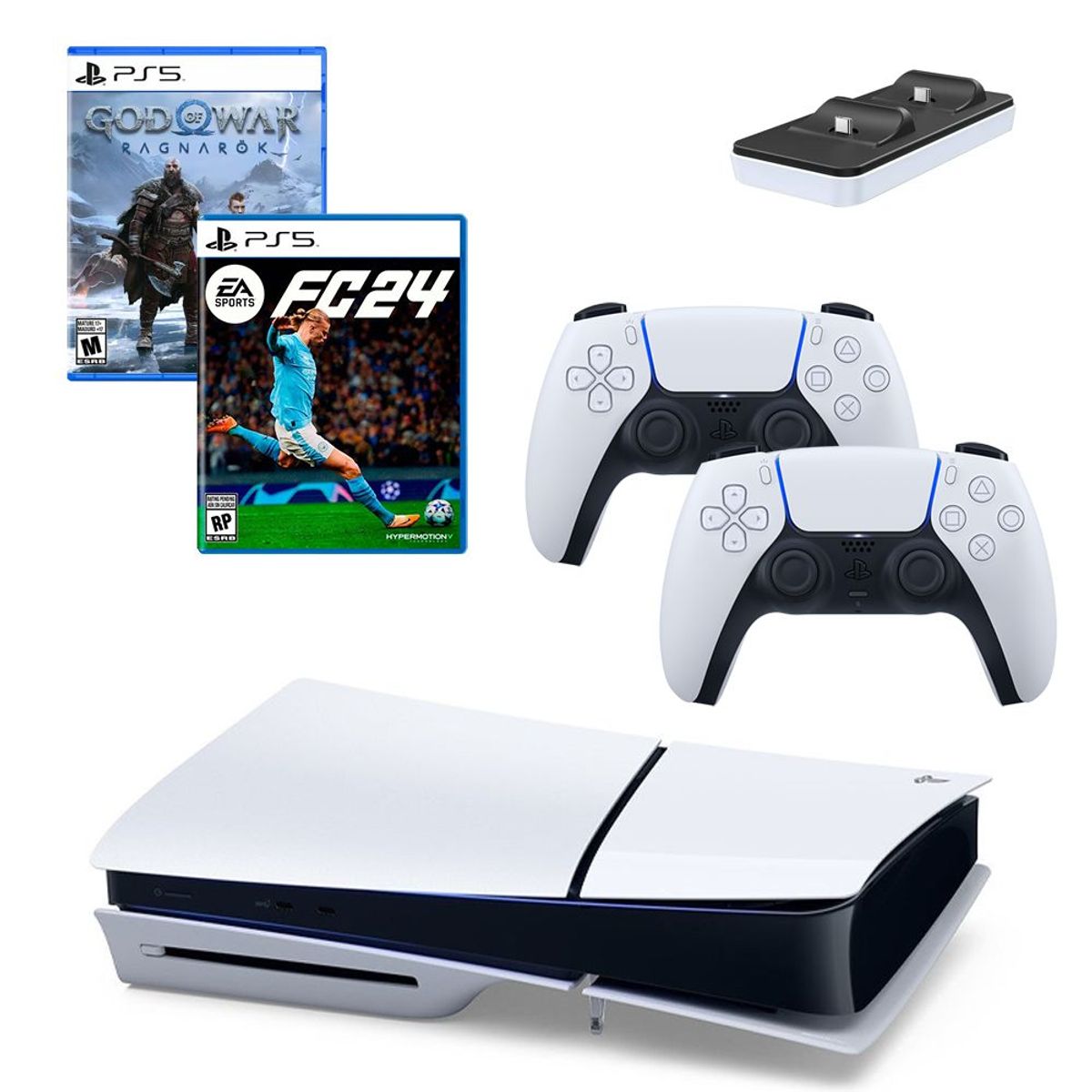 SONY - Consola PS5 Slim1TB+ FC 24+ Ragnarock+ 2 Controles + Cargador