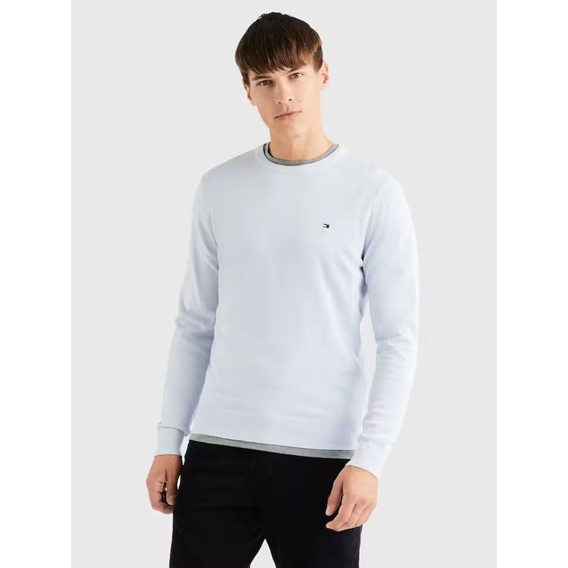 TOMMY HILFIGER - Súeter De Algodón Con Cuello Redondo Azul Tommy Hilfiger