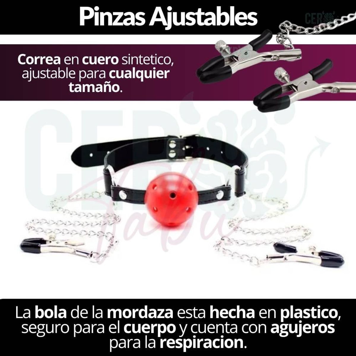 GENERICO - Mordaza Ball Gag Boca Y Pezoneras Bdsm Sado Juguete Sexual