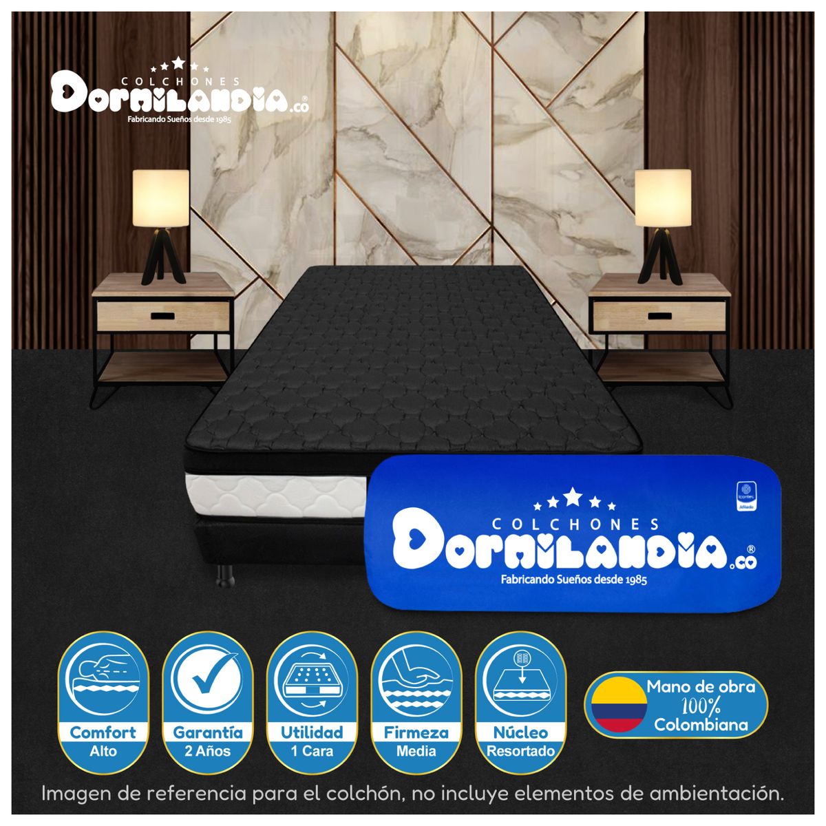 DORMILANDIA - Colchón Sencillo Negro Resortado Dublín Enrollado Confortable