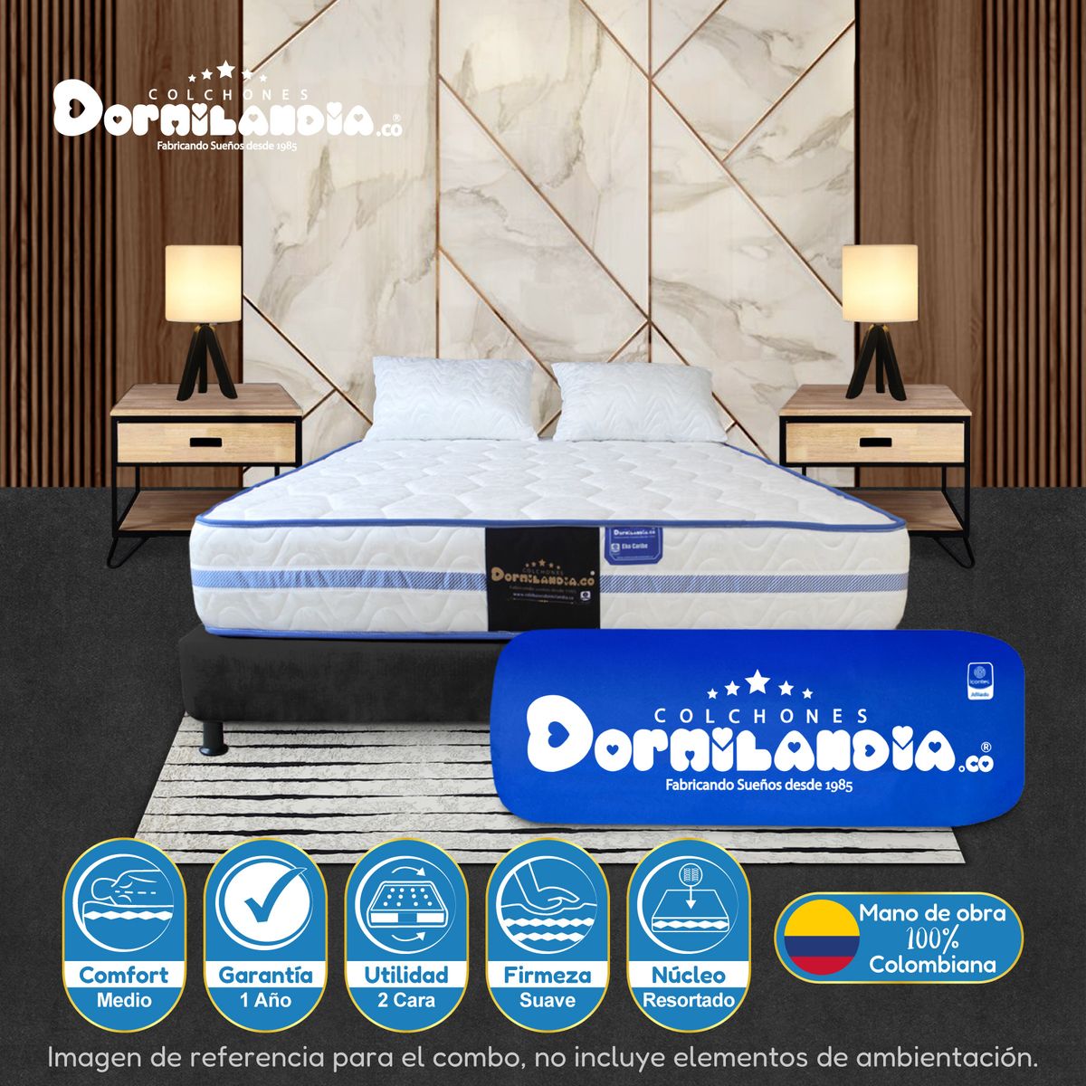 DORMILANDIA - Combo Colchón Doble Resortado Caribe Enrollado + Base Cama + Almohadas