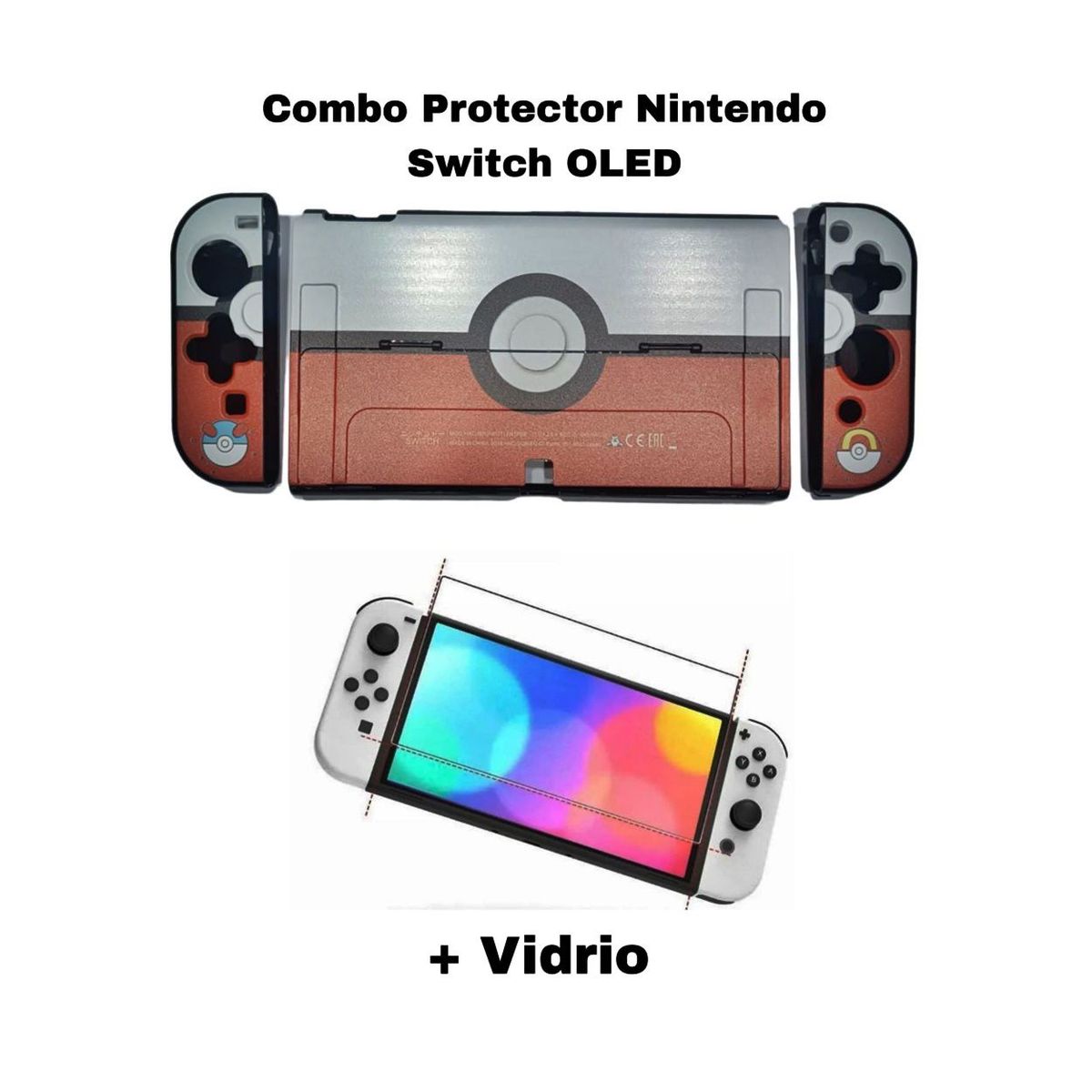 GENERICO - Acrilico Diseño Blanco - Rojo + Vidrio Protector Para Switch Oled