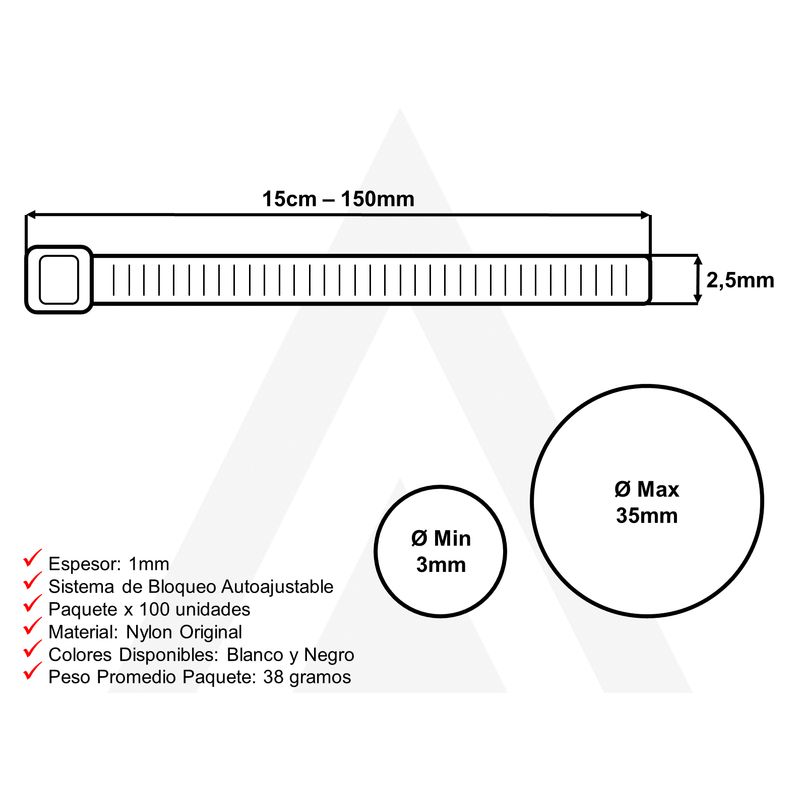 GENERICO - Amarre Abrazadera Plastica 150mm Negro