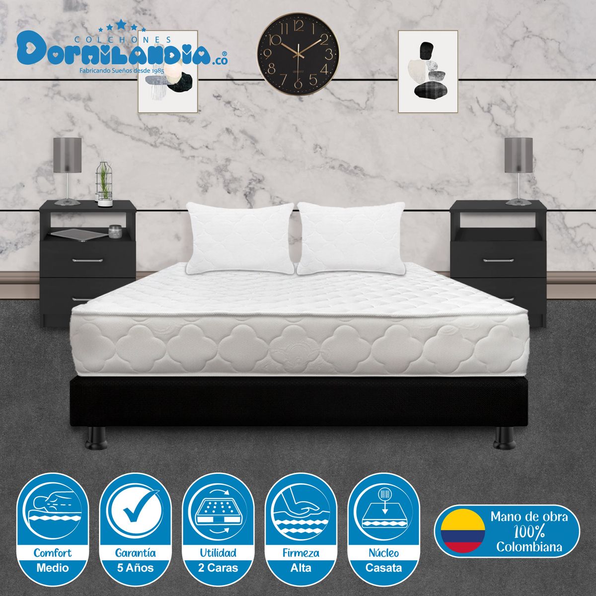 DORMILANDIA - Combo Colchón Doble Espumado Macizo Base Cama Entera Almohadas