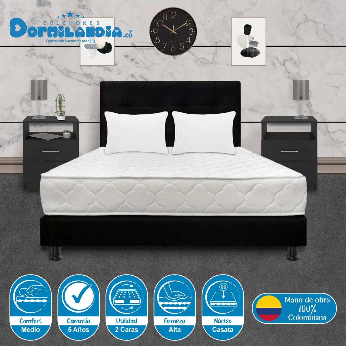 DORMILANDIA - Combo Colchón 120 Espumado Macizo Base Cama Entera Cabecero Almohadas