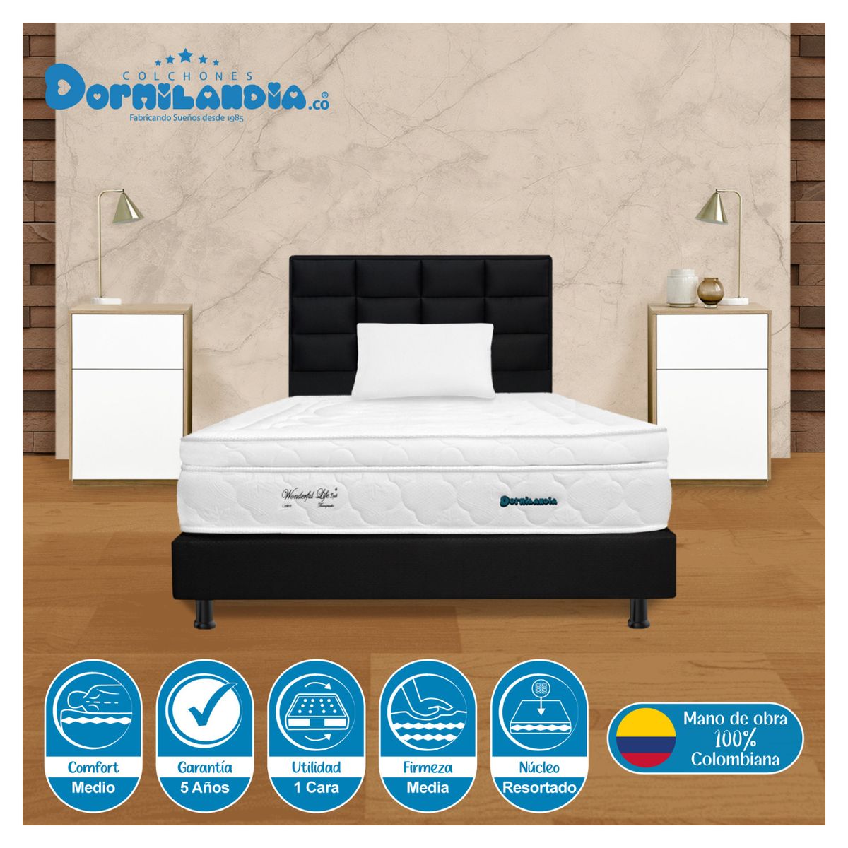 DORMILANDIA - Combo Colchón Sencillo Resortado Wonderful UP + Base Cama Entera + Cabecero + Almohada
