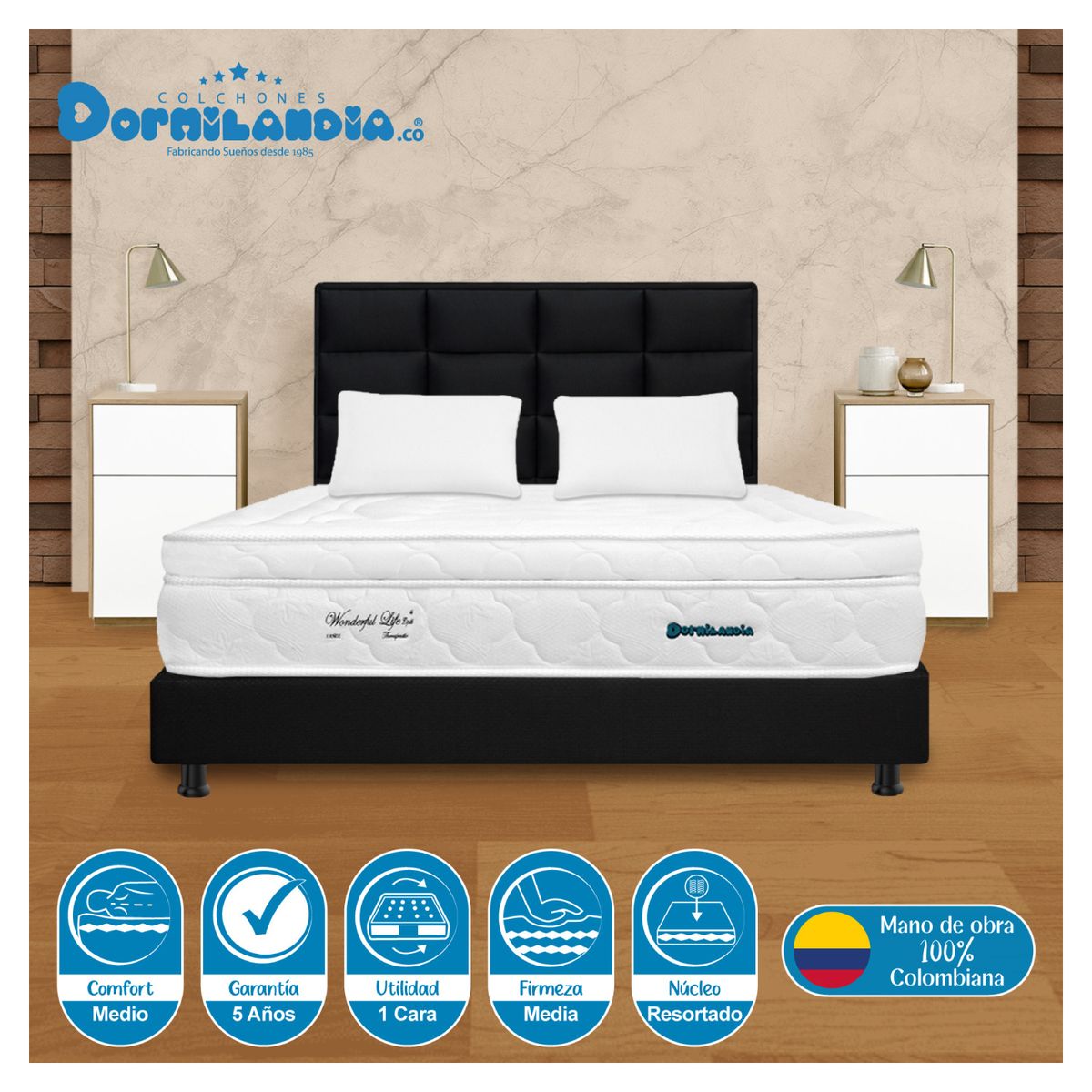 DORMILANDIA - Combo Colchón Semidoble Resortado Wonderful UP + Base Cama Dividida + Cabecero + Almohadas