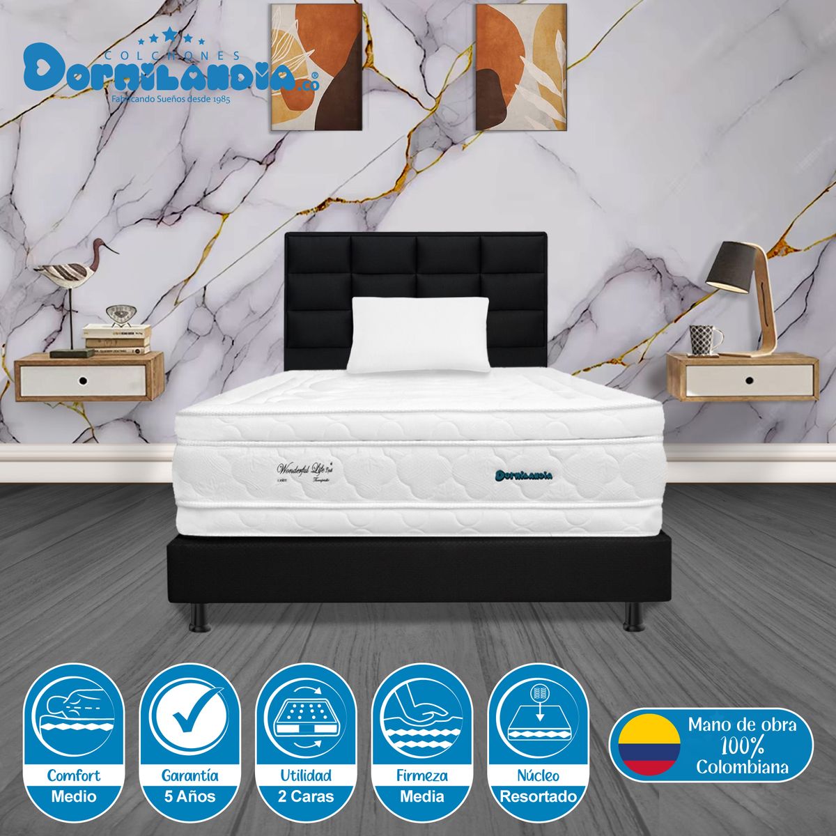 DORMILANDIA - Combo Colchón Sencillo Resortado Wonderful DP + Base Cama Entera + Cabecero + Almohada