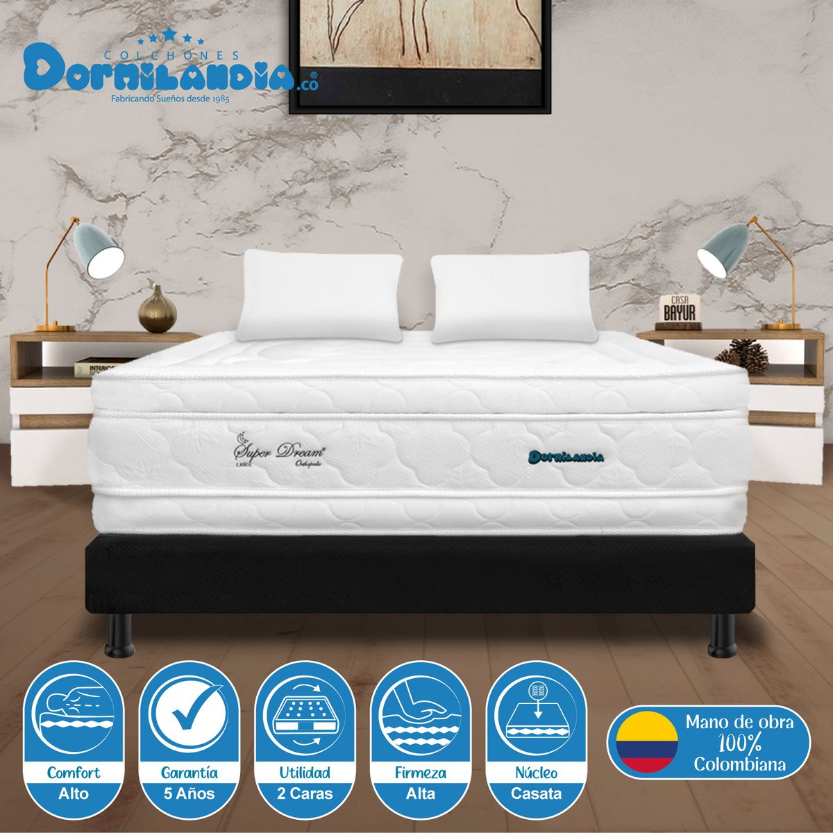 DORMILANDIA - Combo Colchón King Espumado Super Dream Plus+Base Cama Dividida+Almoha