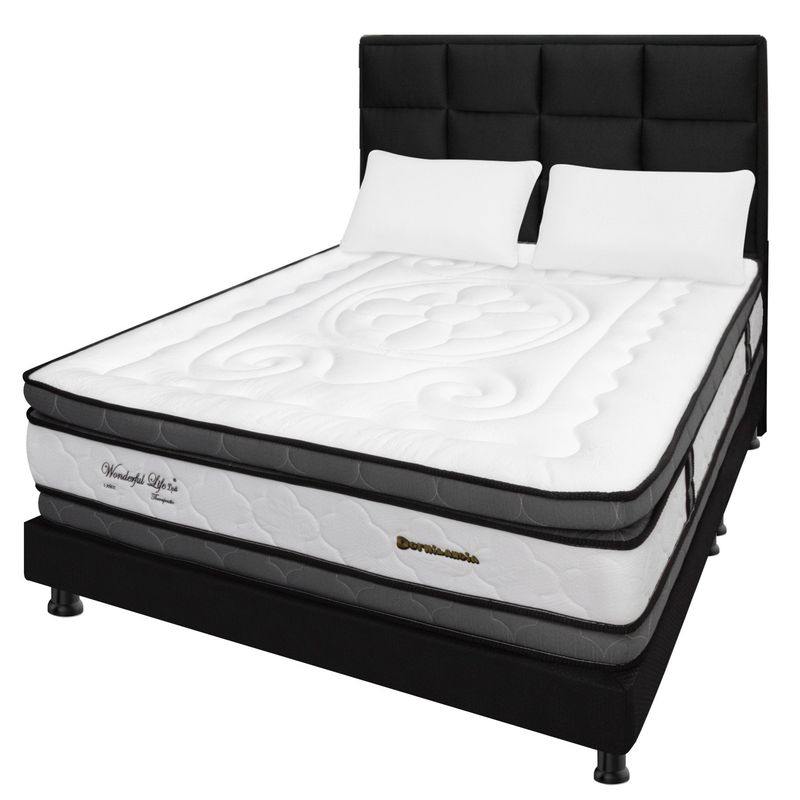 DORMILANDIA - Combo Colchón Doble Resortado Wonderful DP+ Base Cama+ Cabecero+ Almohadas