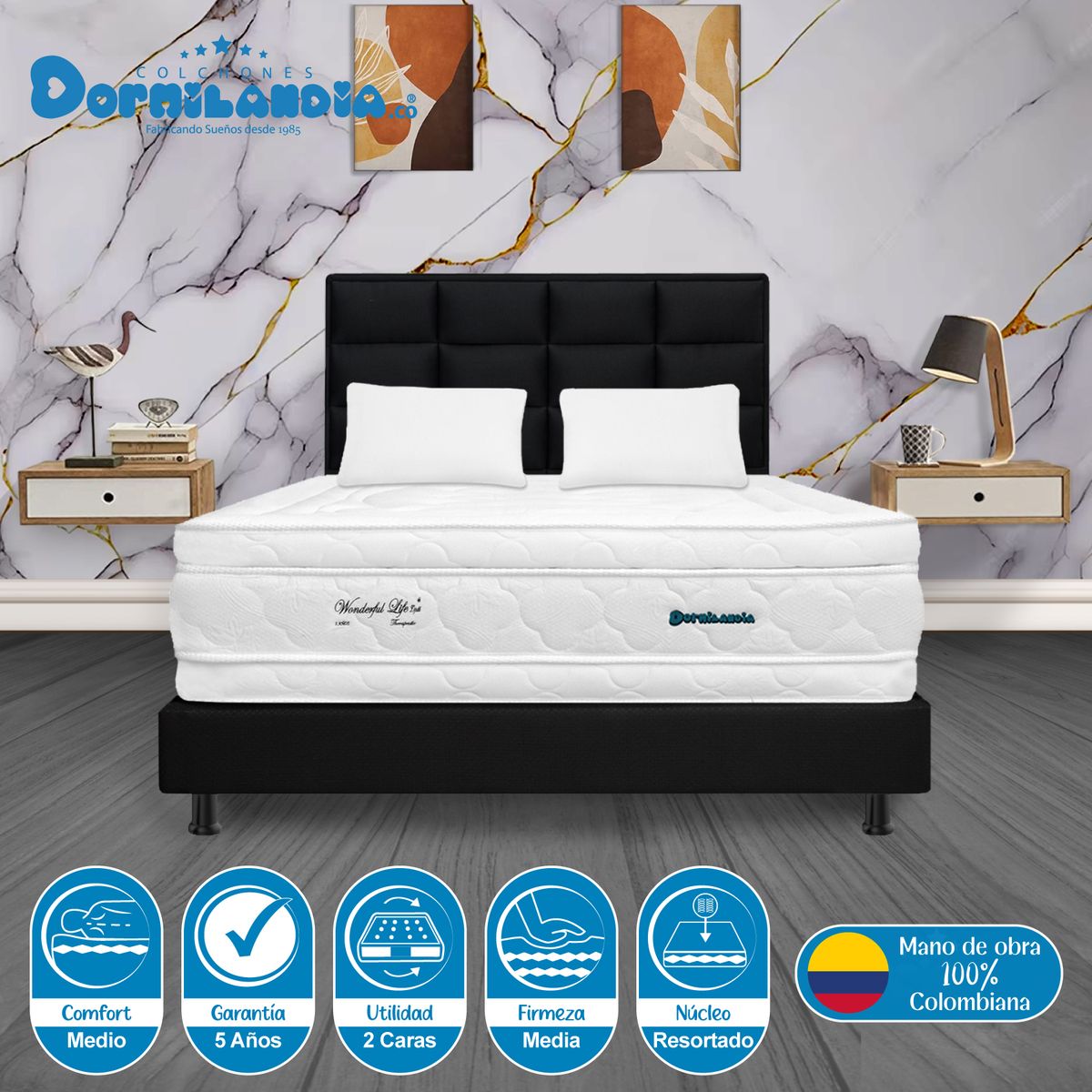 DORMILANDIA - Combo Colchón Queen Resortado Wonderful DP+ Base Cama + Cabecero + Almohadas