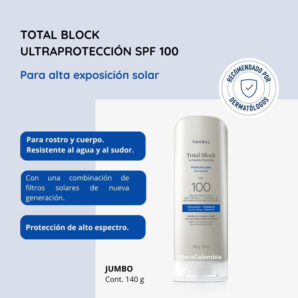 YANBAL - Protector Solar Total Block SPF 100 Ultraprotección JUMBO 140 g