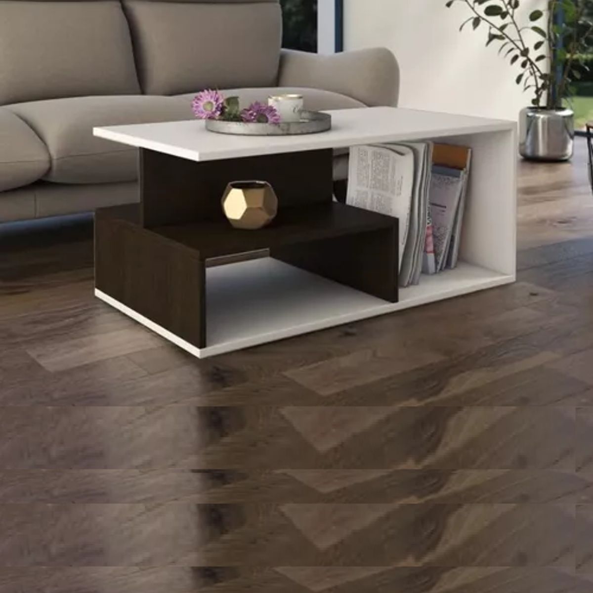 GENERICO - Mesa de centro moderna minimalista lumio blanca y wengue