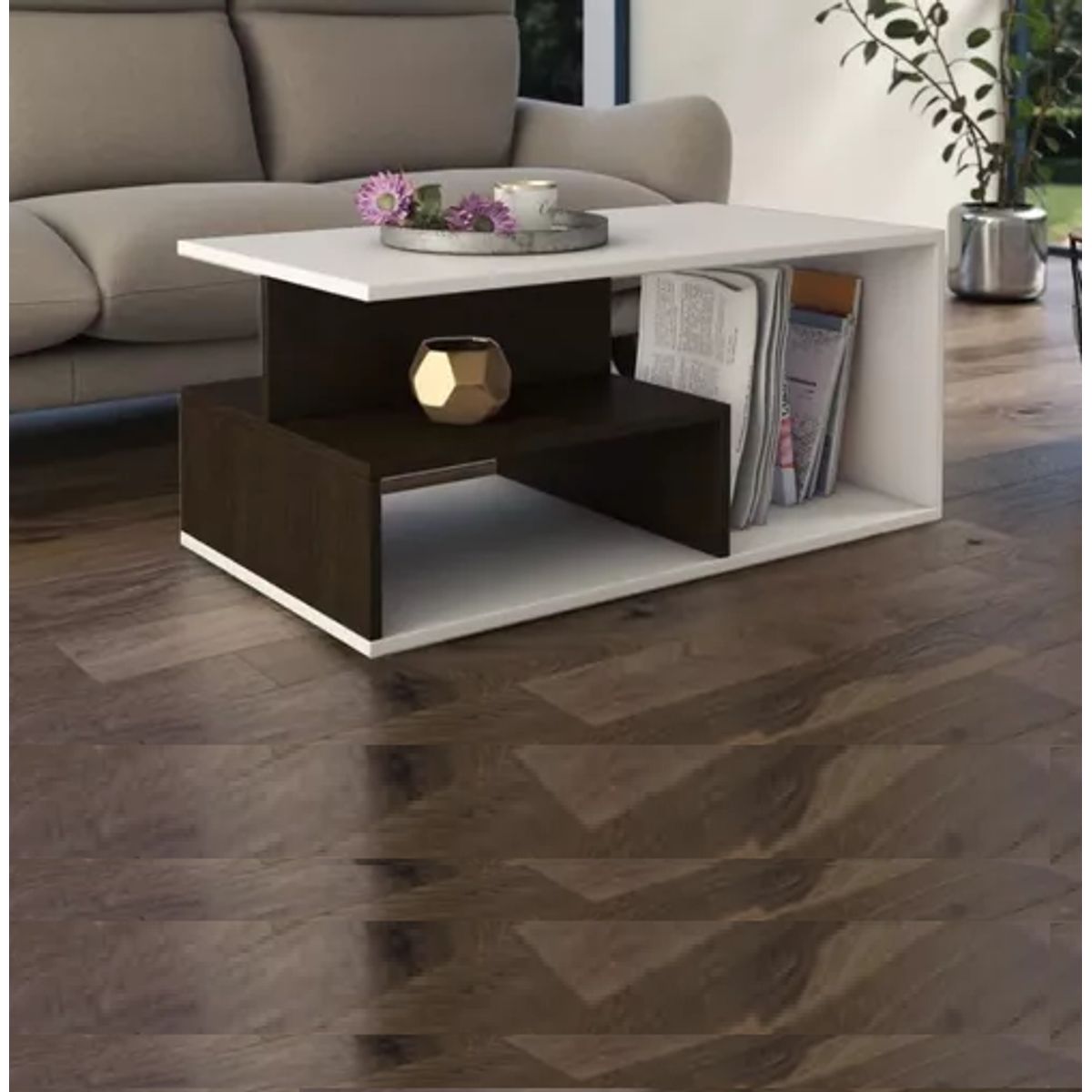 GENERICO - Mesa de centro moderna minimalista lumio blanca y wengue