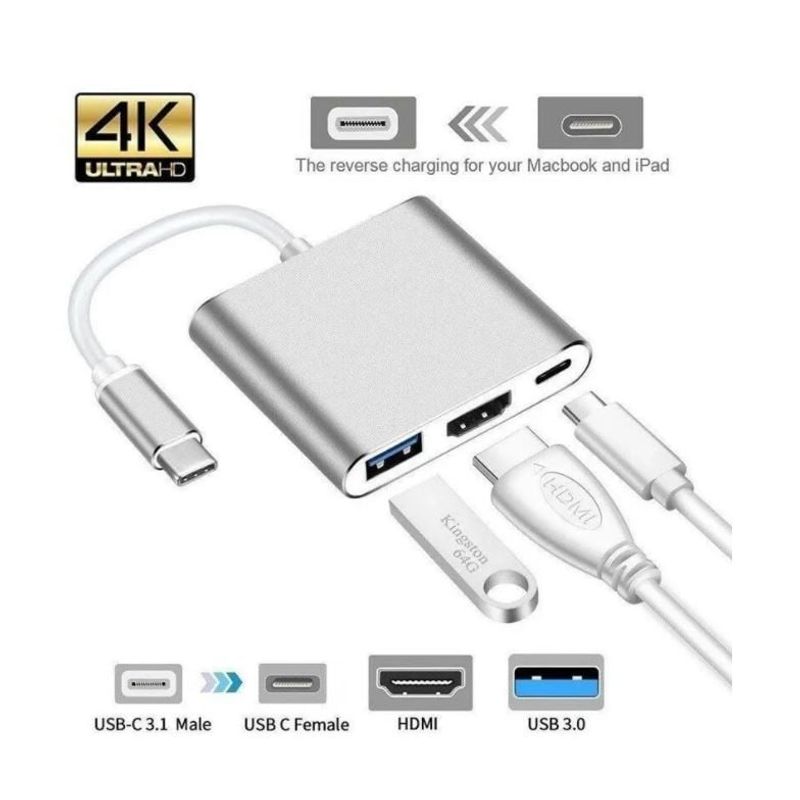 GENERICO - Adaptador Macbook USB-C A Hdmi, Usb 3.0 y USB-C 3 En 1
