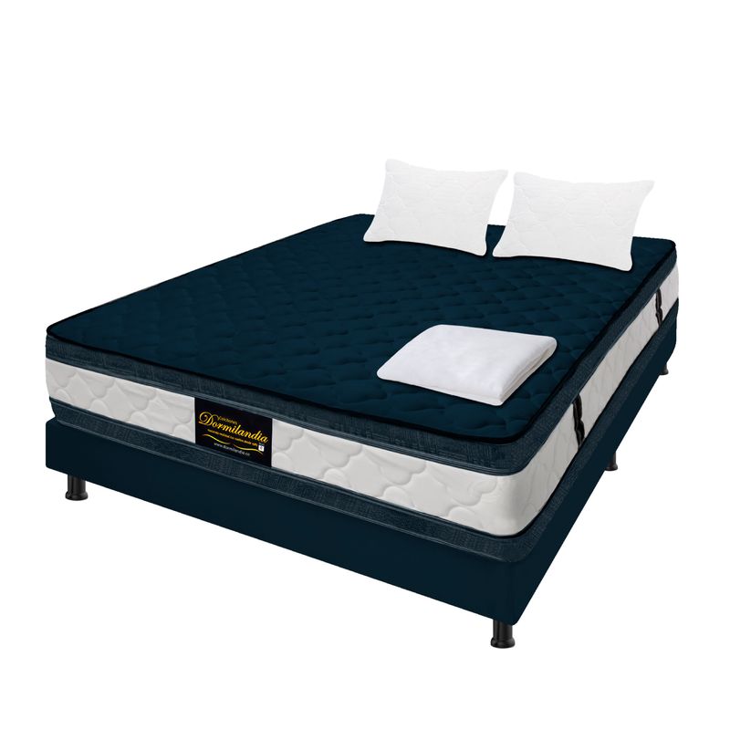 DORMILANDIA - Combo Colchón doble Resortado Marshall AzulBase Cama EnteraSábanaAlmohadas