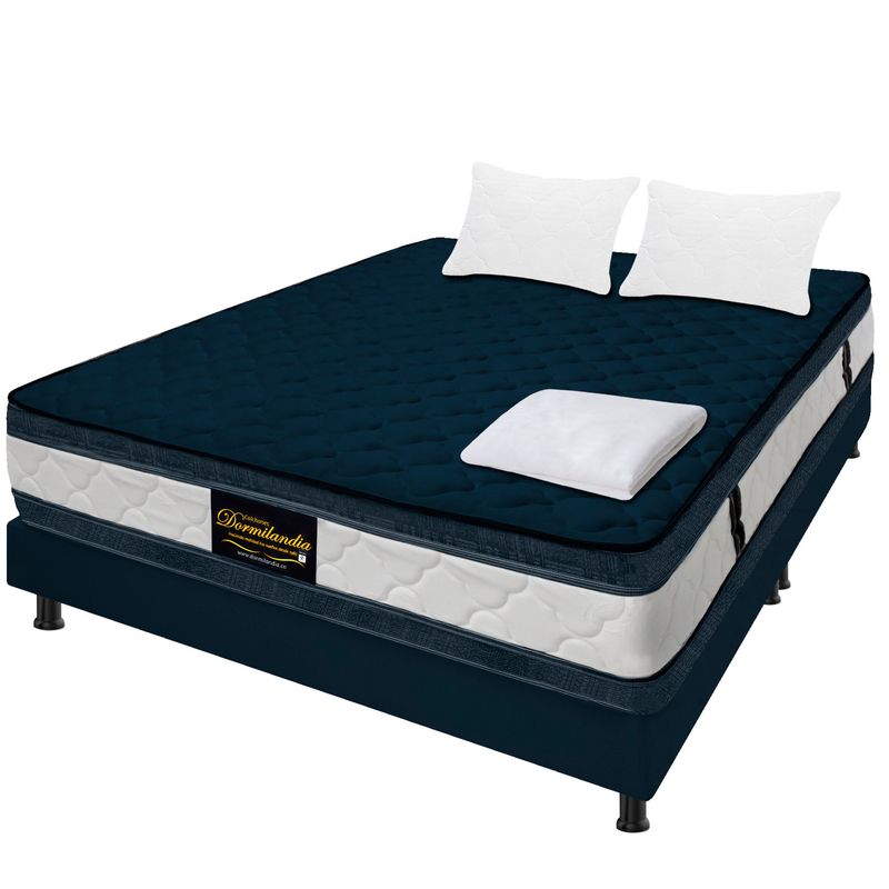 DORMILANDIA - Combo Colchón Queen Resortado Marshall AzulBase Cama DivididaSábanaAlmohadas