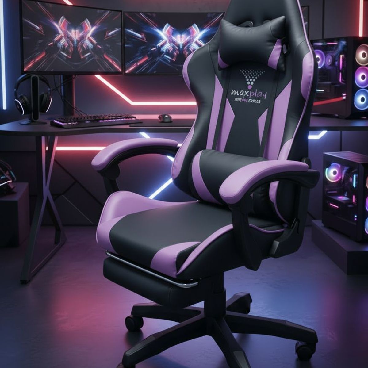 GENERICO - Silla Gamer Masajeador Lumbar Lila y Reposapies