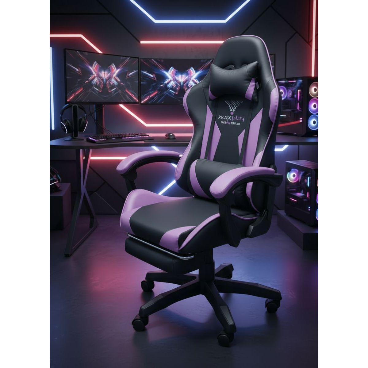 GENERICO - Silla Gamer Masajeador Lumbar Lila y Reposapies
