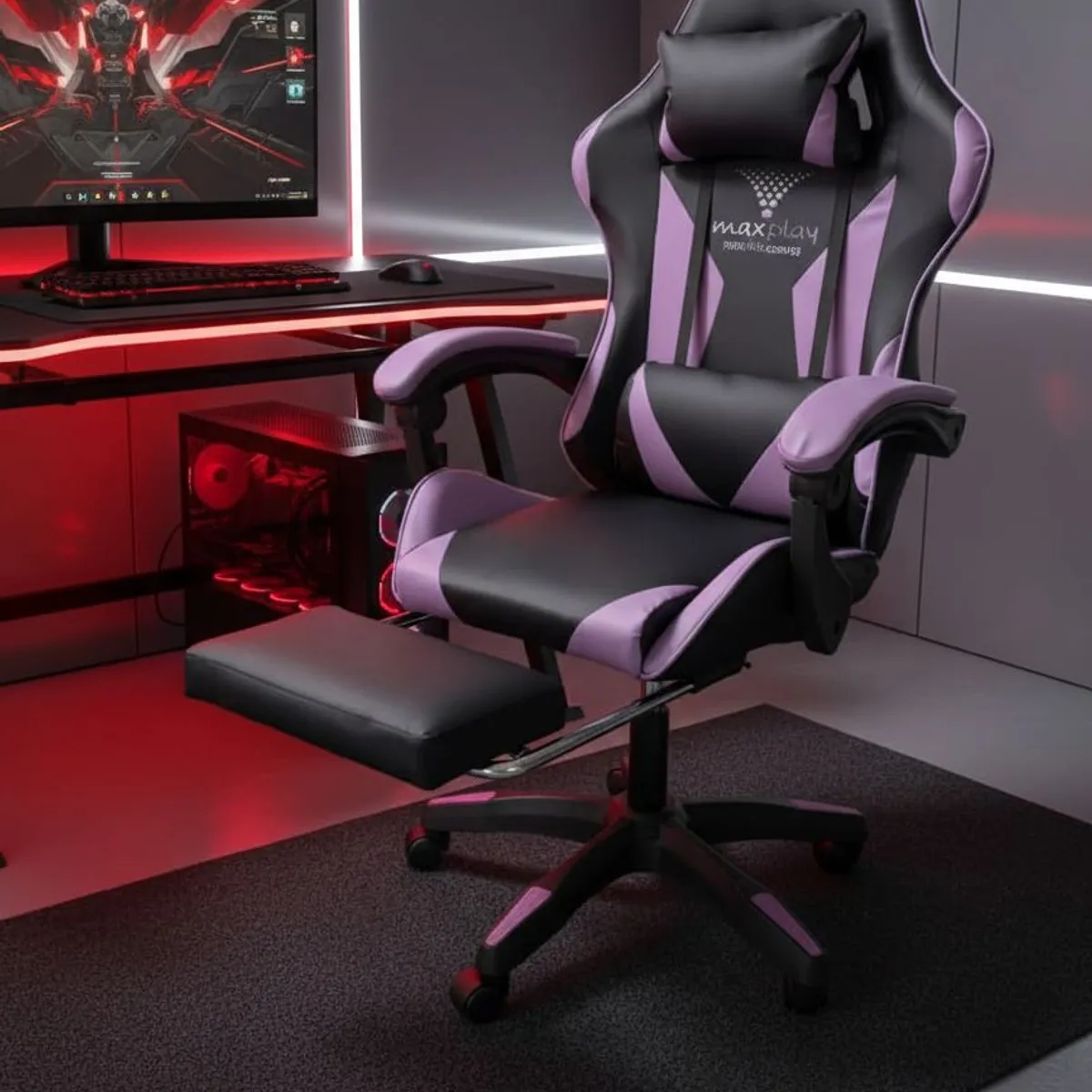 GENERICO - Silla Gamer Masajeador Lumbar Lila y Reposapies