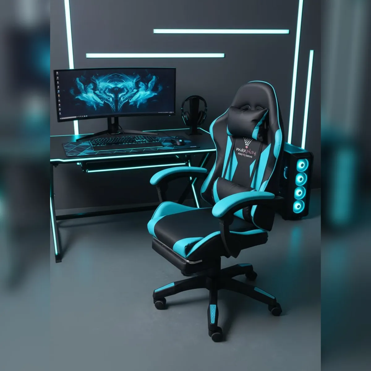 GENERICO - Silla Gamer Vibracion Lumbar Negro Azul con Reposapies