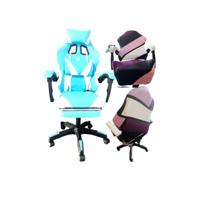 GENERICO - Silla Gamer 2 x 1 Vibracion Lumbar Azul Celeste Reposapies y Fundas