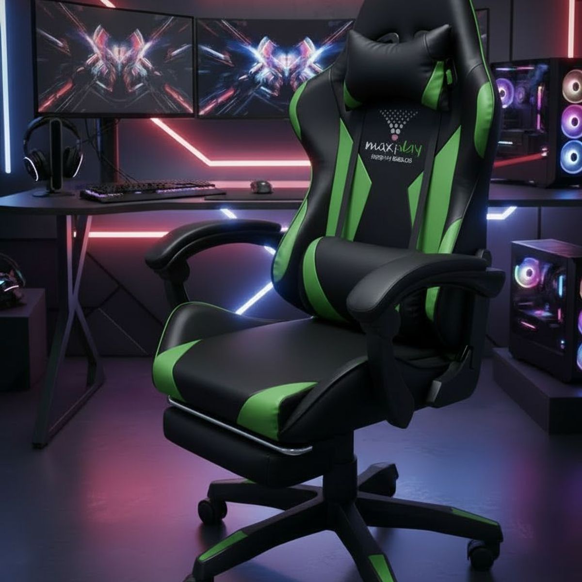 GENERICO - Silla Gamer Vibracion Lumbar Negro Verde Reposapies
