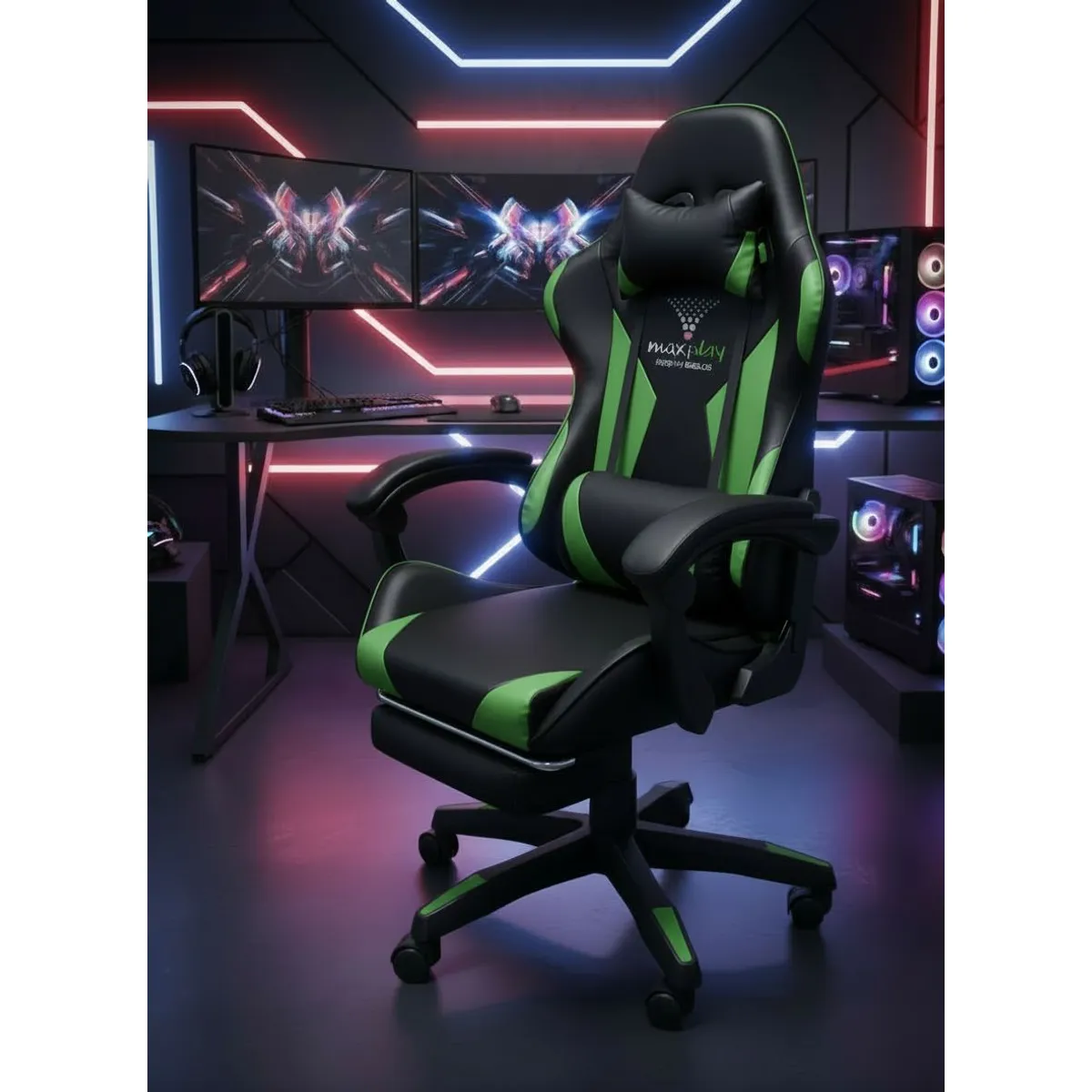 GENERICO - Silla Gamer Vibracion Lumbar Negro Verde Reposapies