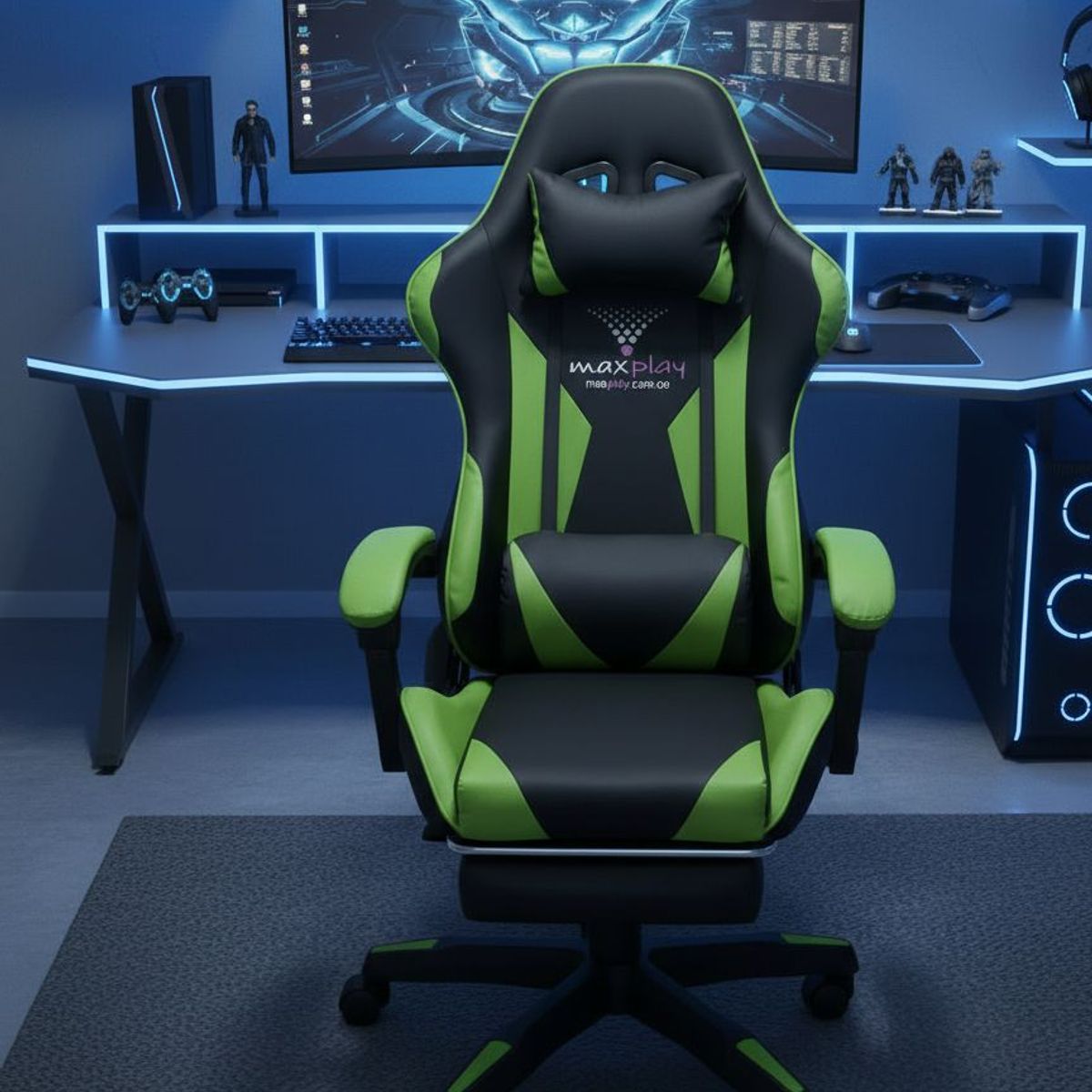 GENERICO - Silla Gamer Vibracion Lumbar Negro Verde Reposapies
