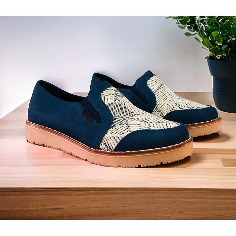 GENERICO - Oxford Dama Zapatos Estampado Flor Mujer Mocasin Cosido- Azul