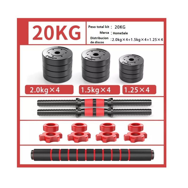 GENERICO - Kit Mancuernas 20 kg Pesas + Barra Larga 1.5 Mtrs 12 Discos