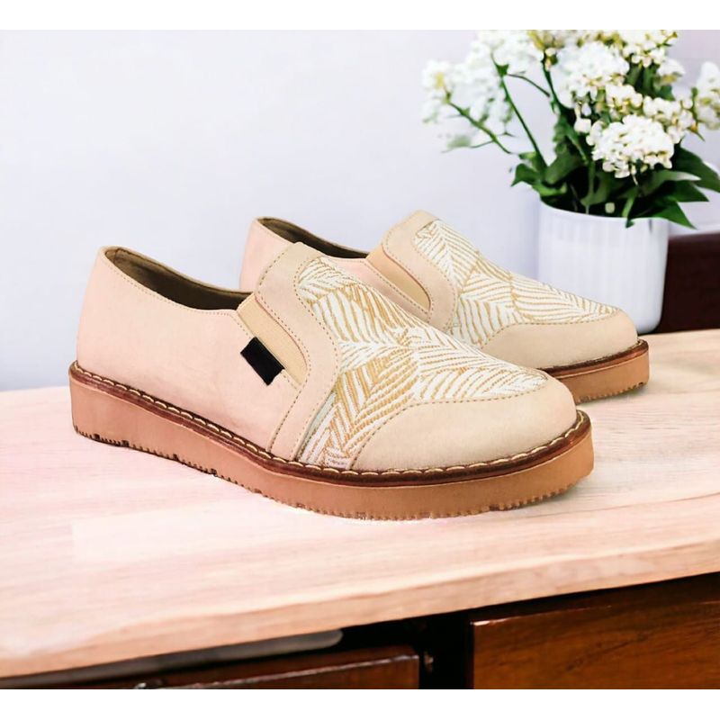 GENERICO - Oxford Dama Zapatos Estampado Flor Mujer Mocasin Cosido- Beige