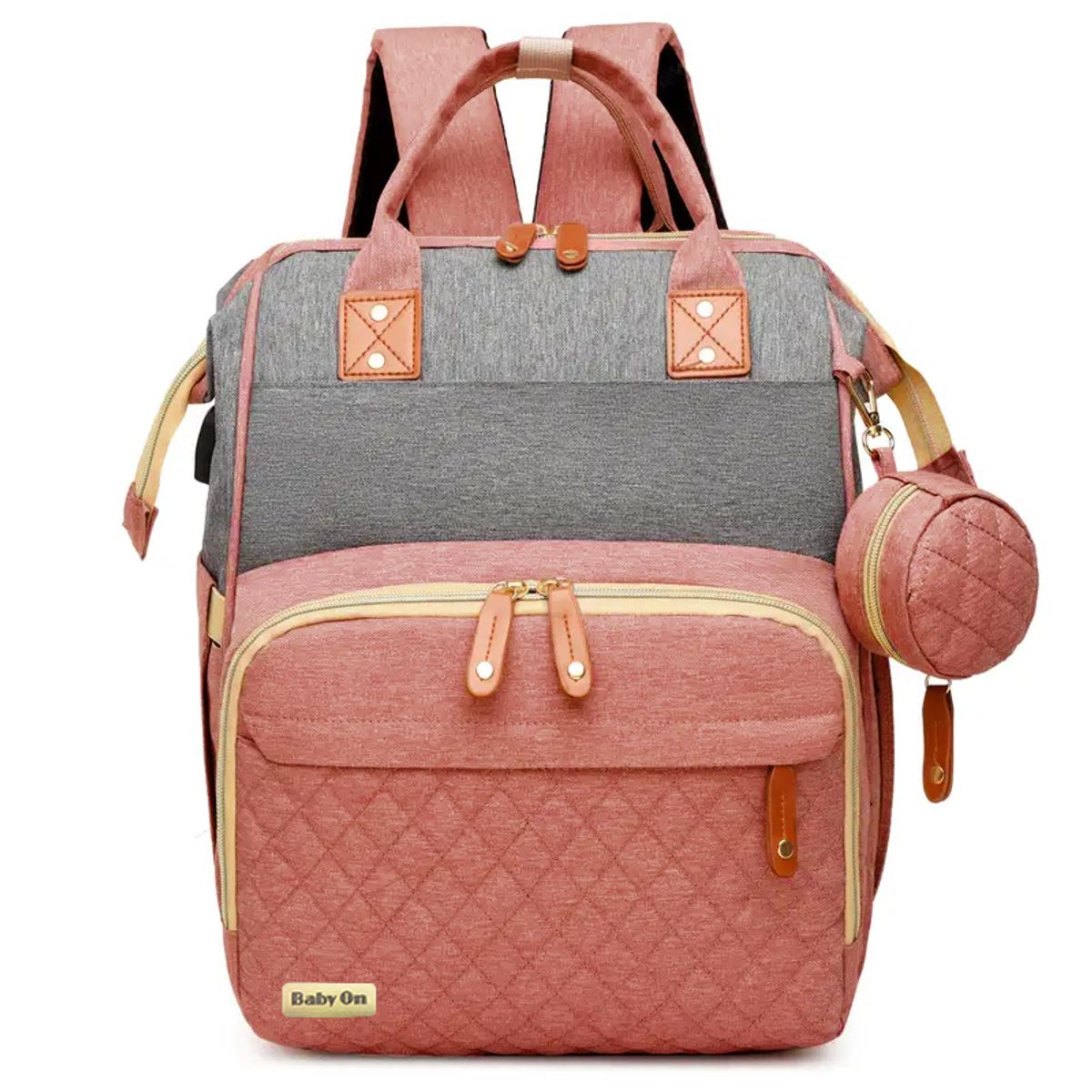 BABY ON - Morral pañalera tipo cuna con cambiador 3 en 1 usb Salmon