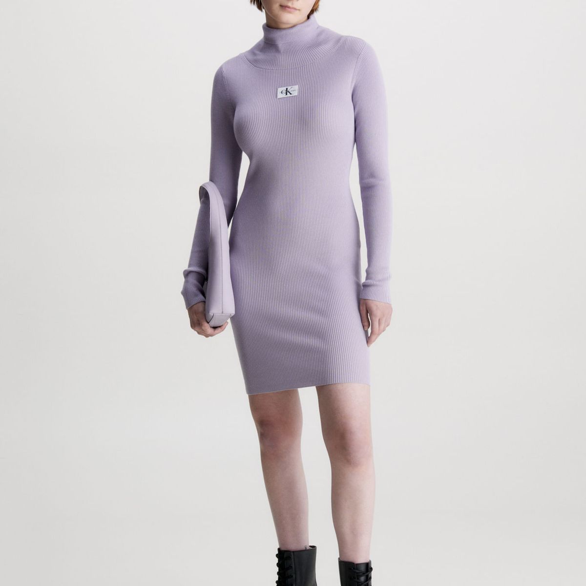 CALVIN KLEIN - Vestido Morado De Punto Slim Con Cuello Tortuga Calvin Klein