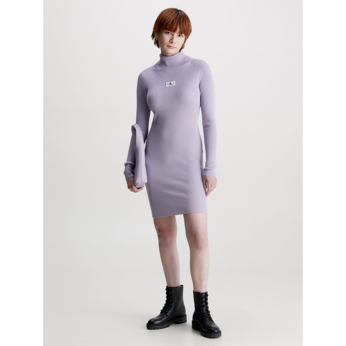 CALVIN KLEIN - Vestido Morado De Punto Slim Con Cuello Tortuga Calvin Klein