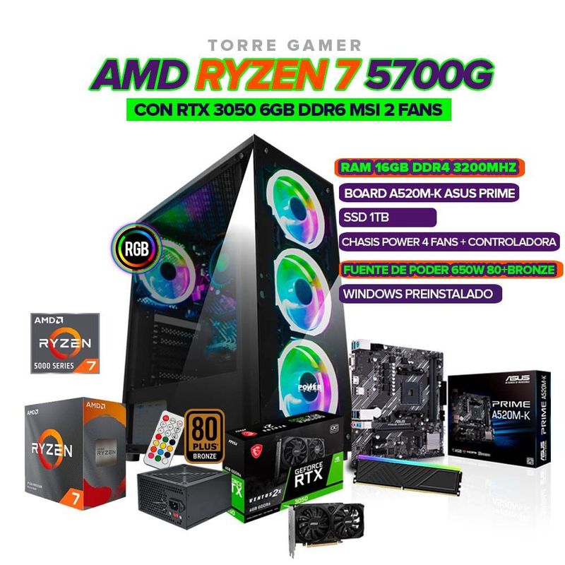 AMD - TORRE GAMER RYZEN 7 5700G /16GB RAM /RTX 3050 6GB /1TB SSD /BOARD A520